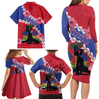 Haiti Family Matching Long Sleeve Bodycon Dress and Hawaiian Shirt Neg Maron Polynesian