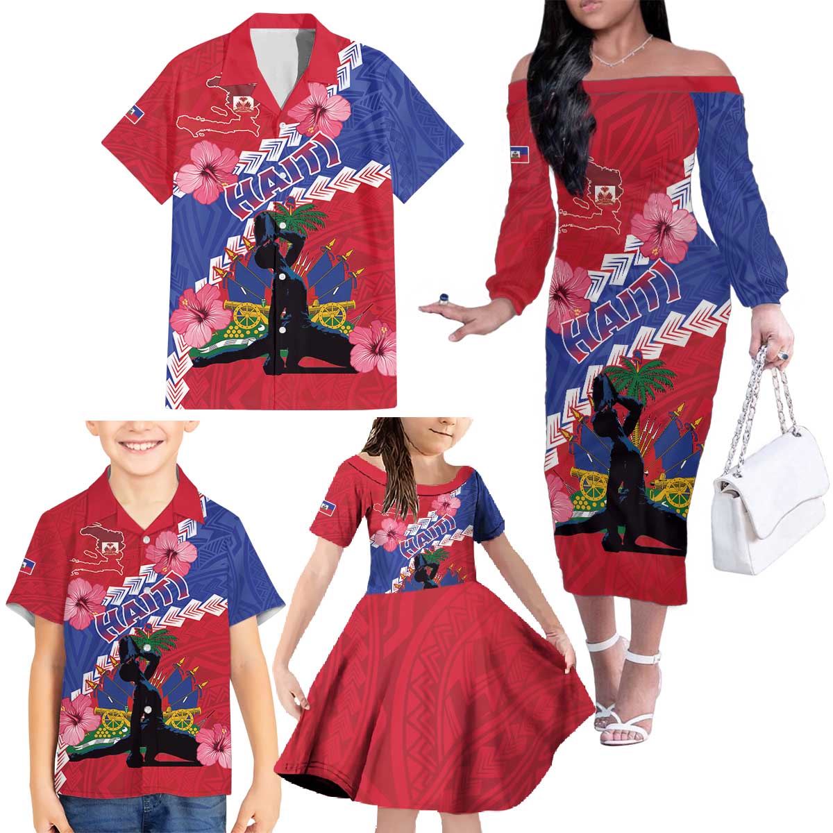 Haiti Family Matching Off The Shoulder Long Sleeve Dress and Hawaiian Shirt Neg Maron Polynesian