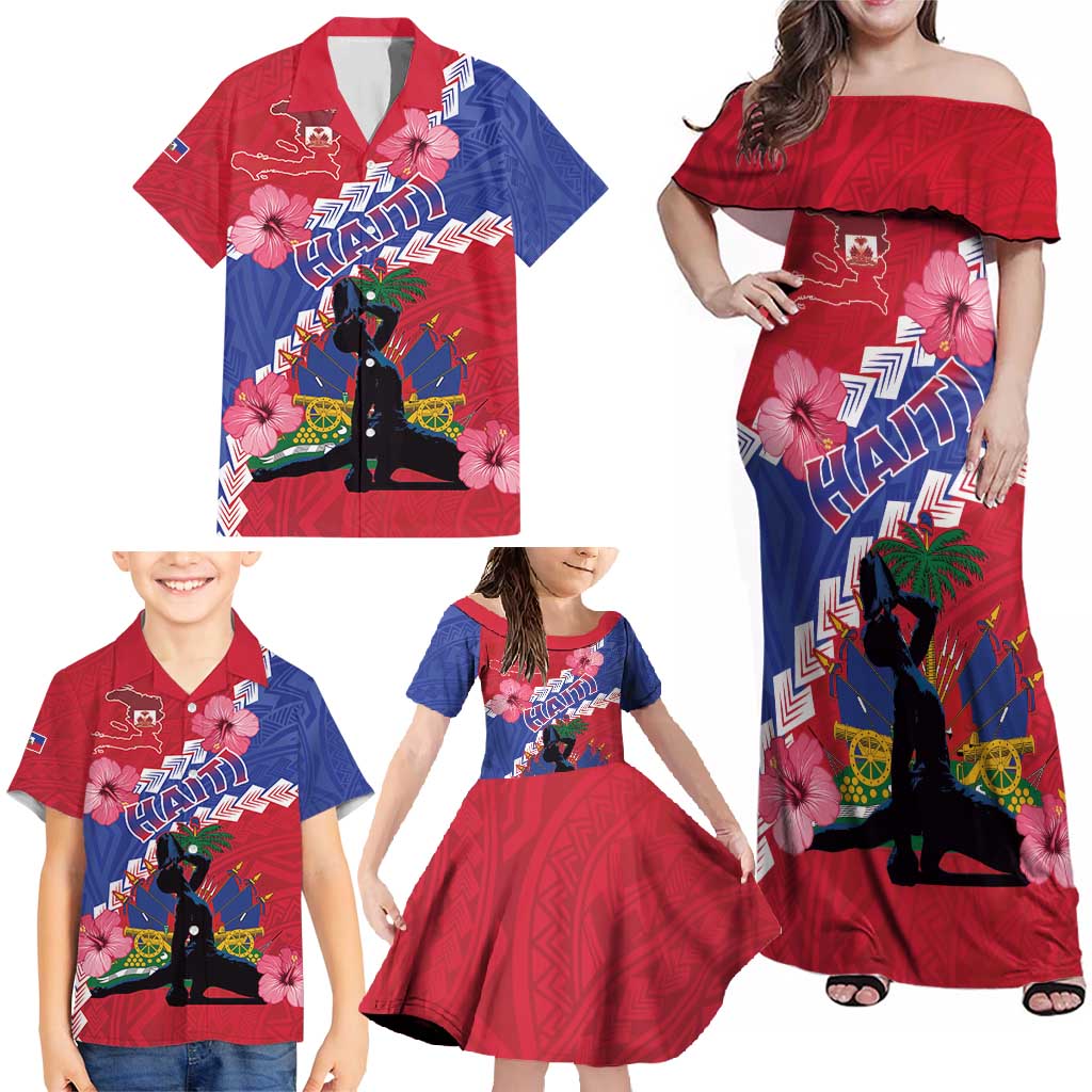 Haiti Family Matching Off Shoulder Maxi Dress and Hawaiian Shirt Neg Maron Polynesian