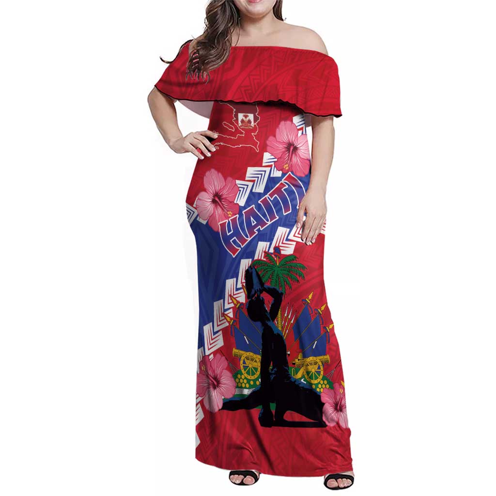 Haiti Family Matching Off Shoulder Maxi Dress and Hawaiian Shirt Neg Maron Polynesian