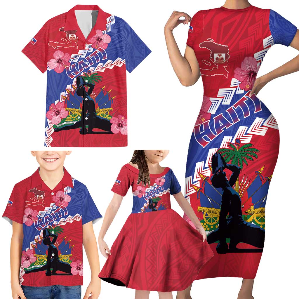 Haiti Family Matching Short Sleeve Bodycon Dress and Hawaiian Shirt Neg Maron Polynesian