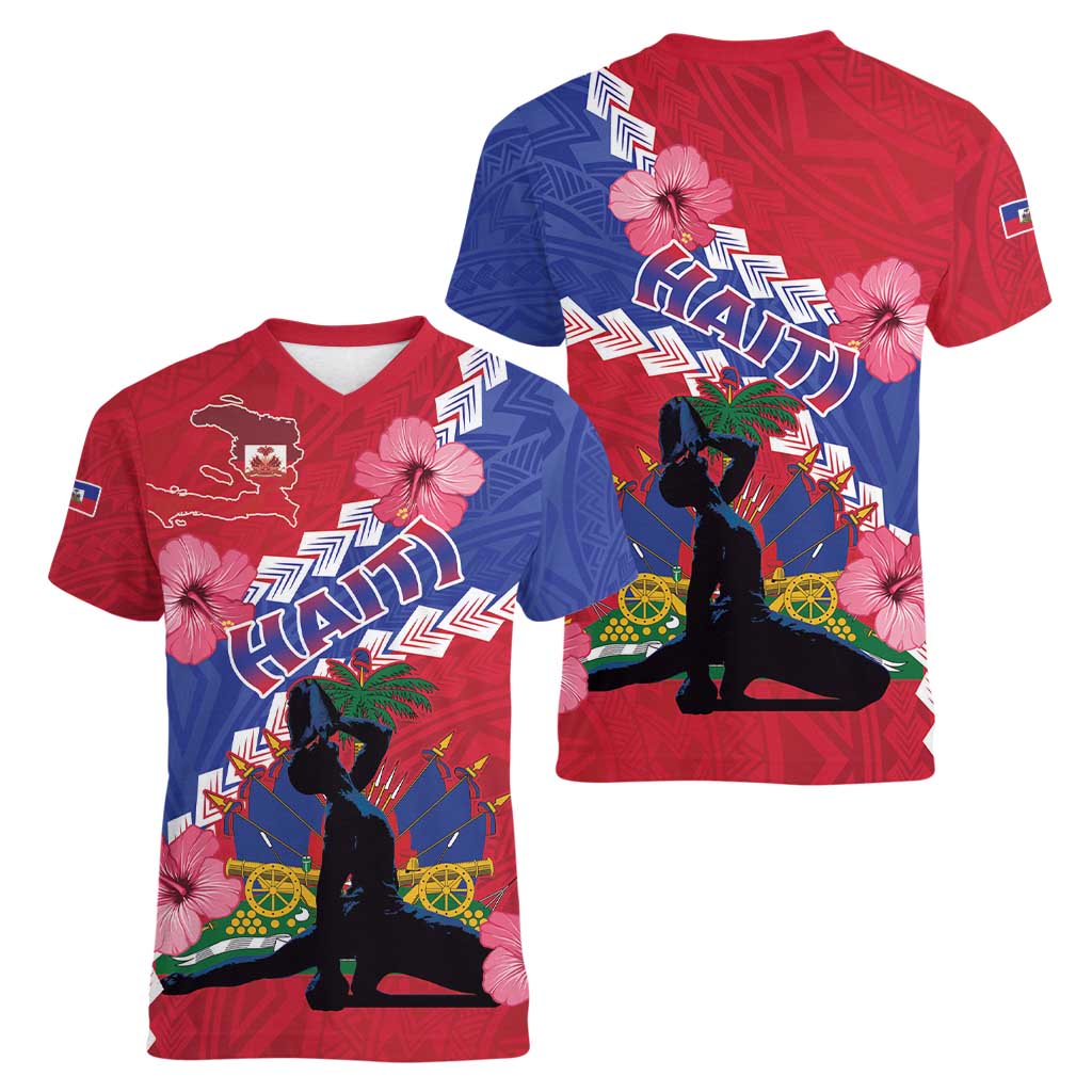 Haiti Women V-Neck T-Shirt Neg Maron Polynesian