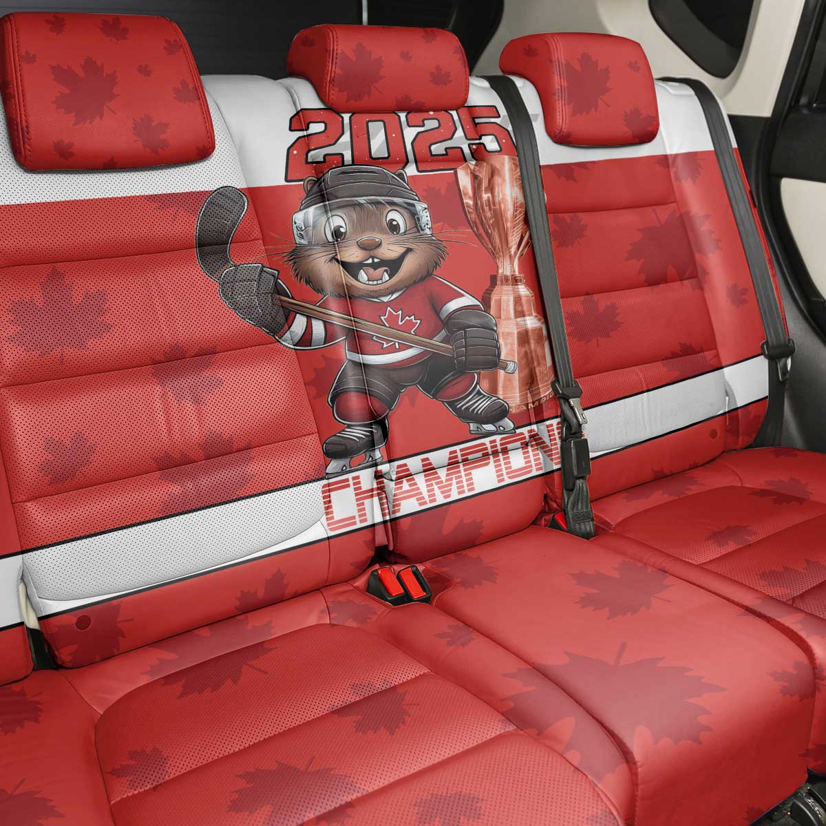 Canada Ice Hockey Back Car Seat Cover Beaver Mascot With Champions Trophy