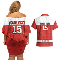 Custom Canada Ice Hockey Couples Matching Off Shoulder Short Dress and Hawaiian Shirt Beaver Mascot With Champions Trophy
