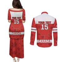 Custom Canada Ice Hockey Couples Matching Puletasi and Long Sleeve Button Shirt Beaver Mascot With Champions Trophy