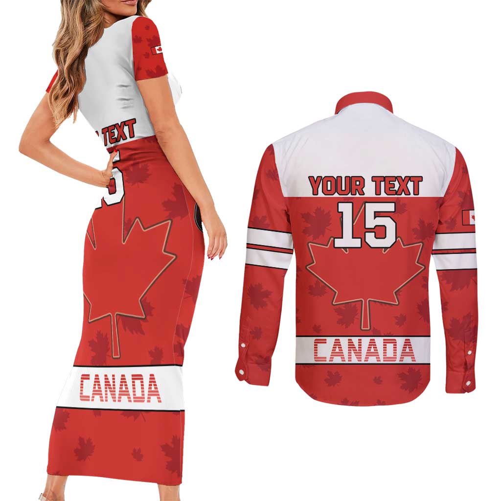 Custom Canada Ice Hockey Couples Matching Short Sleeve Bodycon Dress and Long Sleeve Button Shirt Beaver Mascot With Champions Trophy