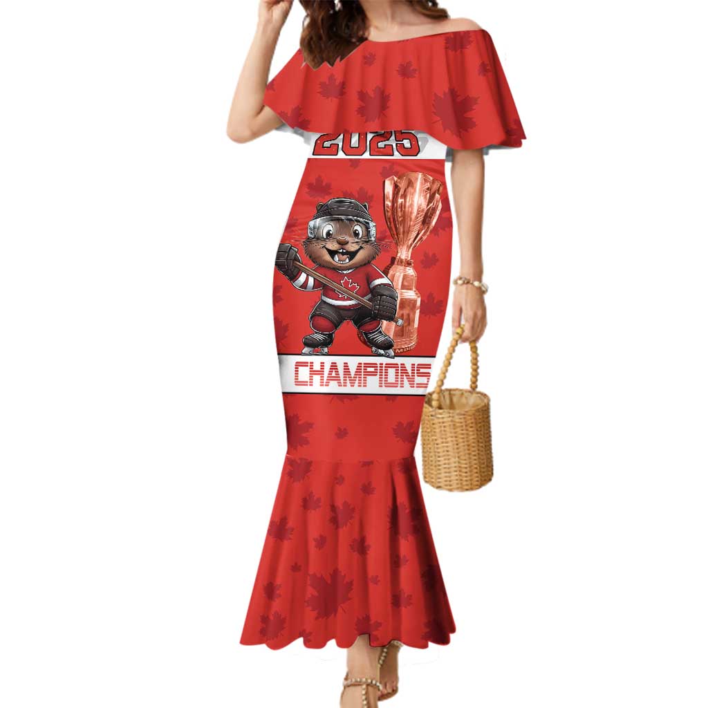 Custom Canada Ice Hockey Family Matching Mermaid Dress and Hawaiian Shirt Beaver Mascot With Champions Trophy