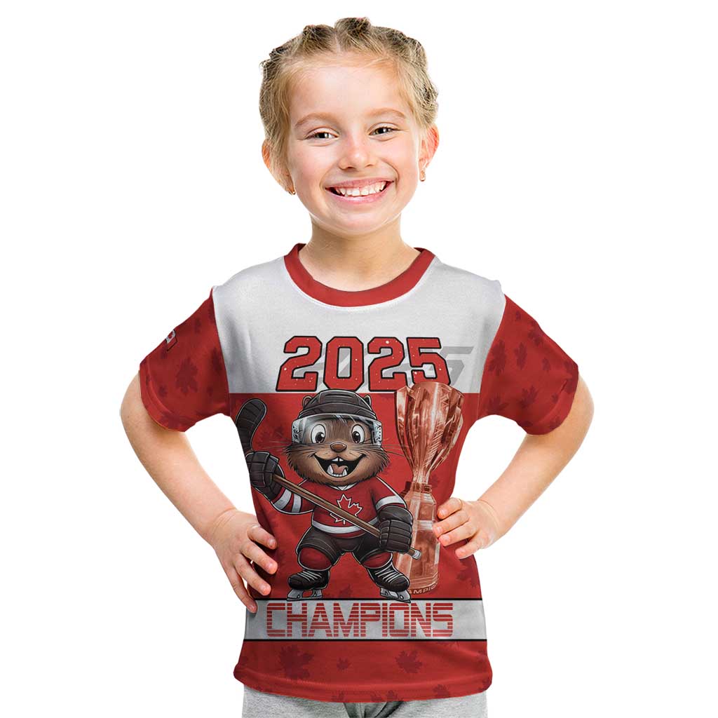 Custom Canada Ice Hockey Kid T Shirt Beaver Mascot With Champions Trophy