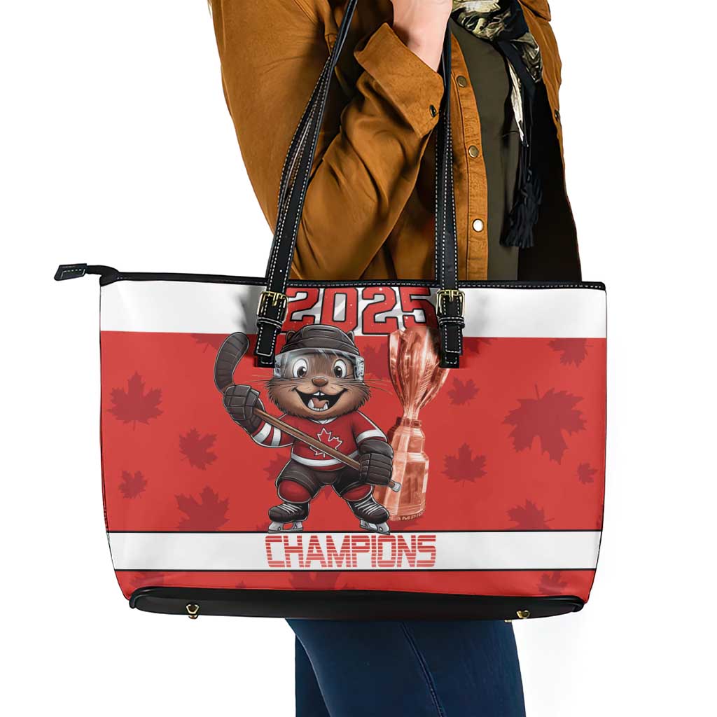 Canada Ice Hockey Leather Tote Bag Beaver Mascot With Champions Trophy