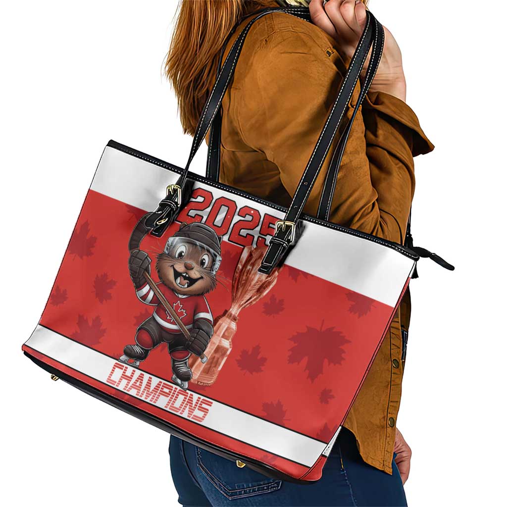 Canada Ice Hockey Leather Tote Bag Beaver Mascot With Champions Trophy