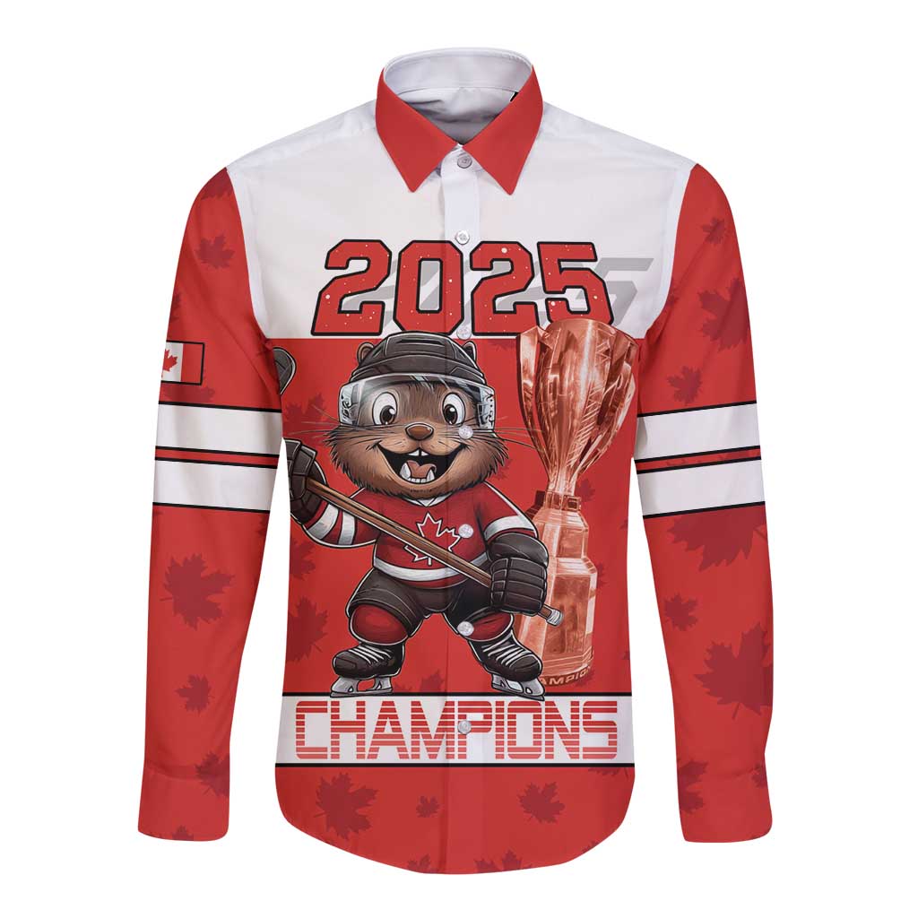 Custom Canada Ice Hockey Long Sleeve Button Shirt Beaver Mascot With Champions Trophy