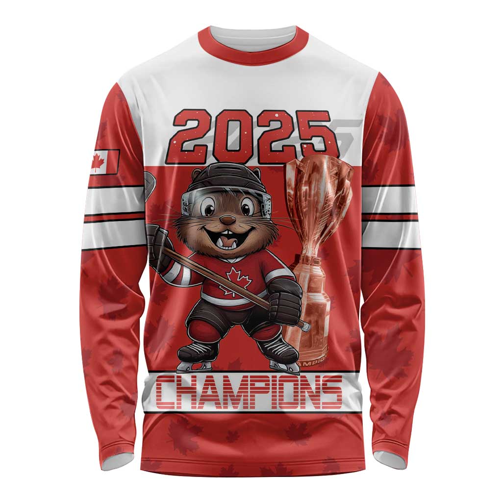 Custom Canada Ice Hockey Long Sleeve Shirt Beaver Mascot With Champions Trophy