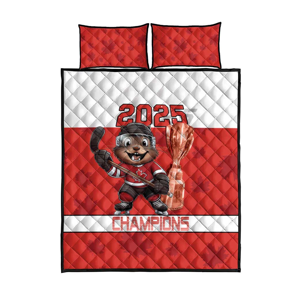 Canada Ice Hockey Quilt Bed Set Beaver Mascot With Champions Trophy