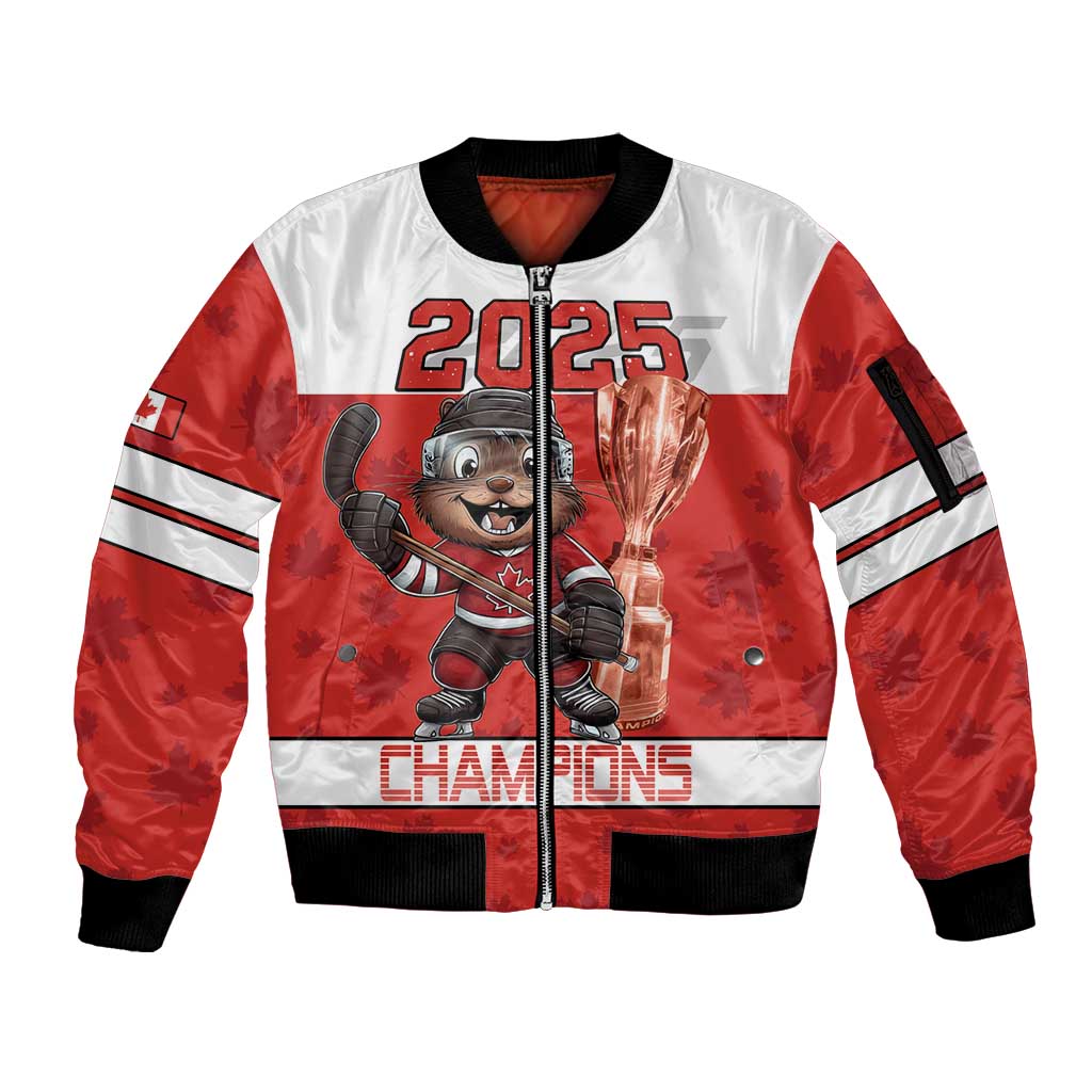 Custom Canada Ice Hockey Sleeve Zip Bomber Jacket Beaver Mascot With Champions Trophy