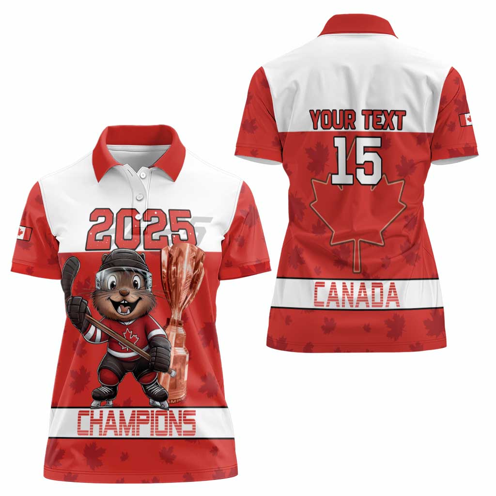 Custom Canada Ice Hockey Women Polo Shirt Beaver Mascot With Champions Trophy