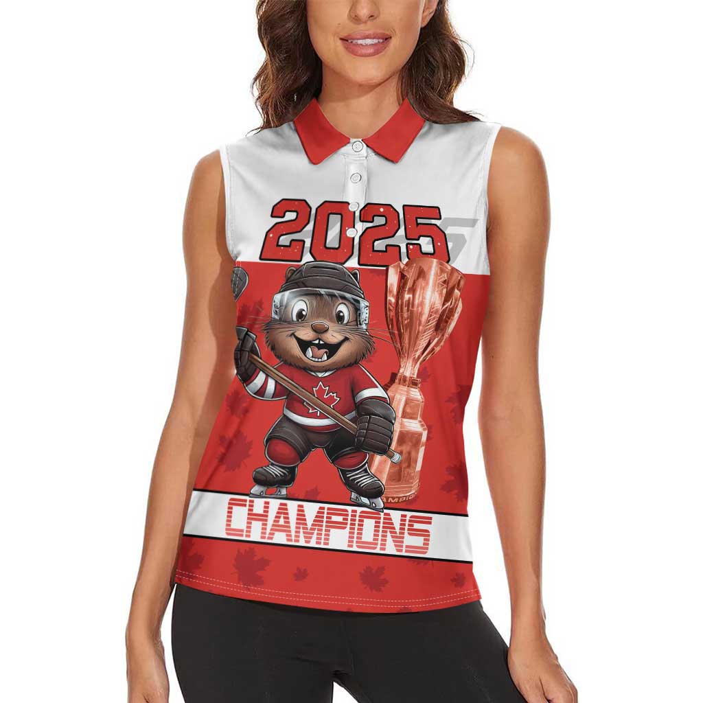 Custom Canada Ice Hockey Women Sleeveless Polo Shirt Beaver Mascot With Champions Trophy