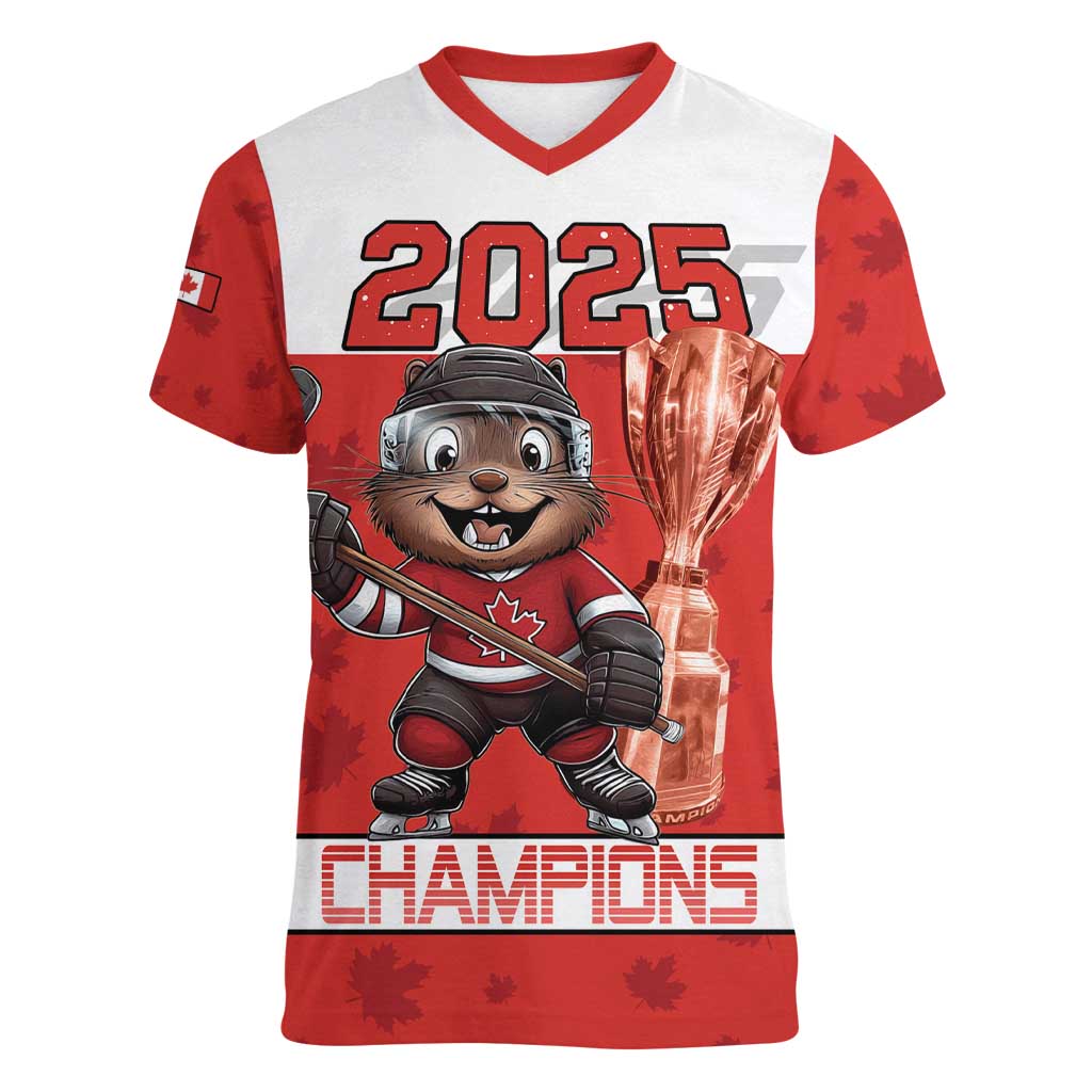 Custom Canada Ice Hockey Women V-Neck T-Shirt Beaver Mascot With Champions Trophy