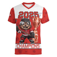 Custom Canada Ice Hockey Women V-Neck T-Shirt Beaver Mascot With Champions Trophy