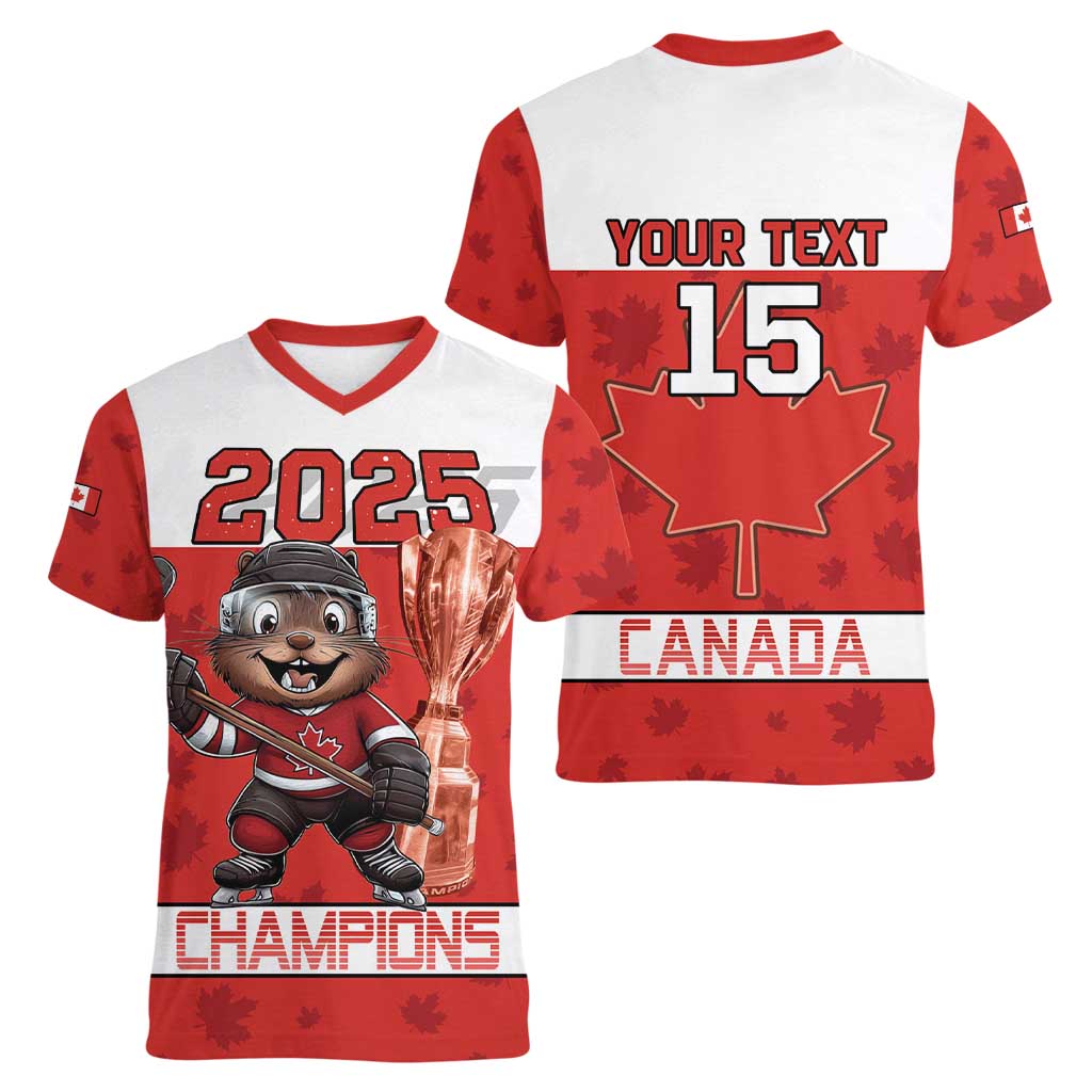 Custom Canada Ice Hockey Women V-Neck T-Shirt Beaver Mascot With Champions Trophy