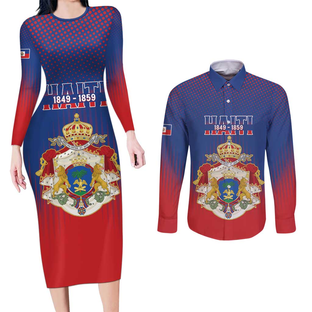 Personalized Second Empire of Haiti 1849-1859 Couples Matching Long Sleeve Bodycon Dress and Long Sleeve Button Shirt Imperial Coat Of Arms Flag Style