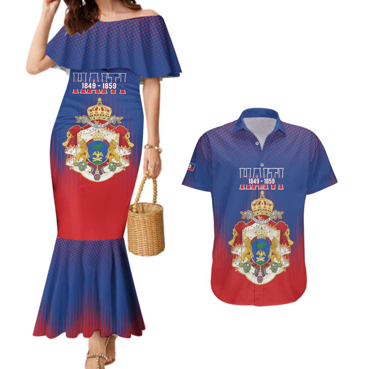 Personalized Second Empire of Haiti 1849-1859 Couples Matching Mermaid Dress and Hawaiian Shirt Imperial Coat Of Arms Flag Style