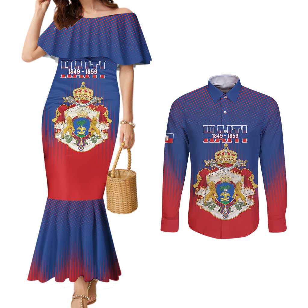Personalized Second Empire of Haiti 1849-1859 Couples Matching Mermaid Dress and Long Sleeve Button Shirt Imperial Coat Of Arms Flag Style