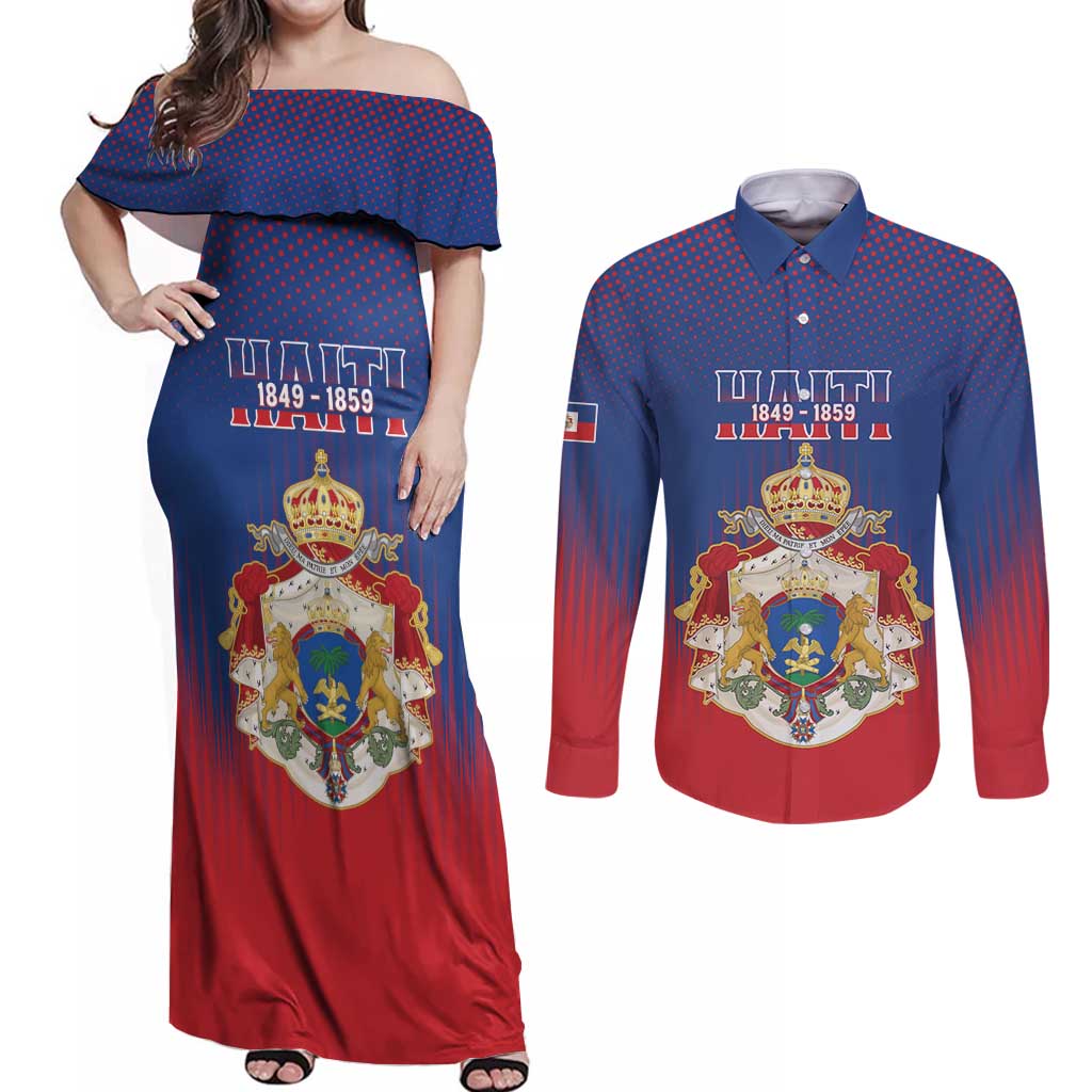 Personalized Second Empire of Haiti 1849-1859 Couples Matching Off Shoulder Maxi Dress and Long Sleeve Button Shirt Imperial Coat Of Arms Flag Style