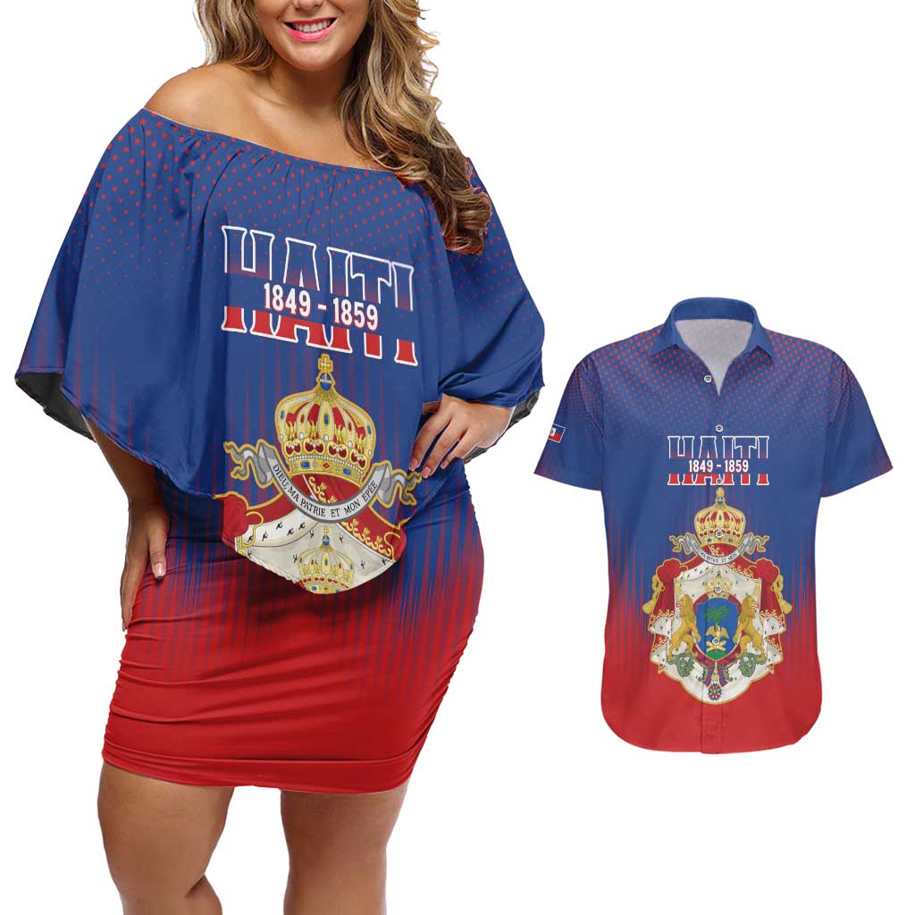 Personalized Second Empire of Haiti 1849-1859 Couples Matching Off Shoulder Short Dress and Hawaiian Shirt Imperial Coat Of Arms Flag Style