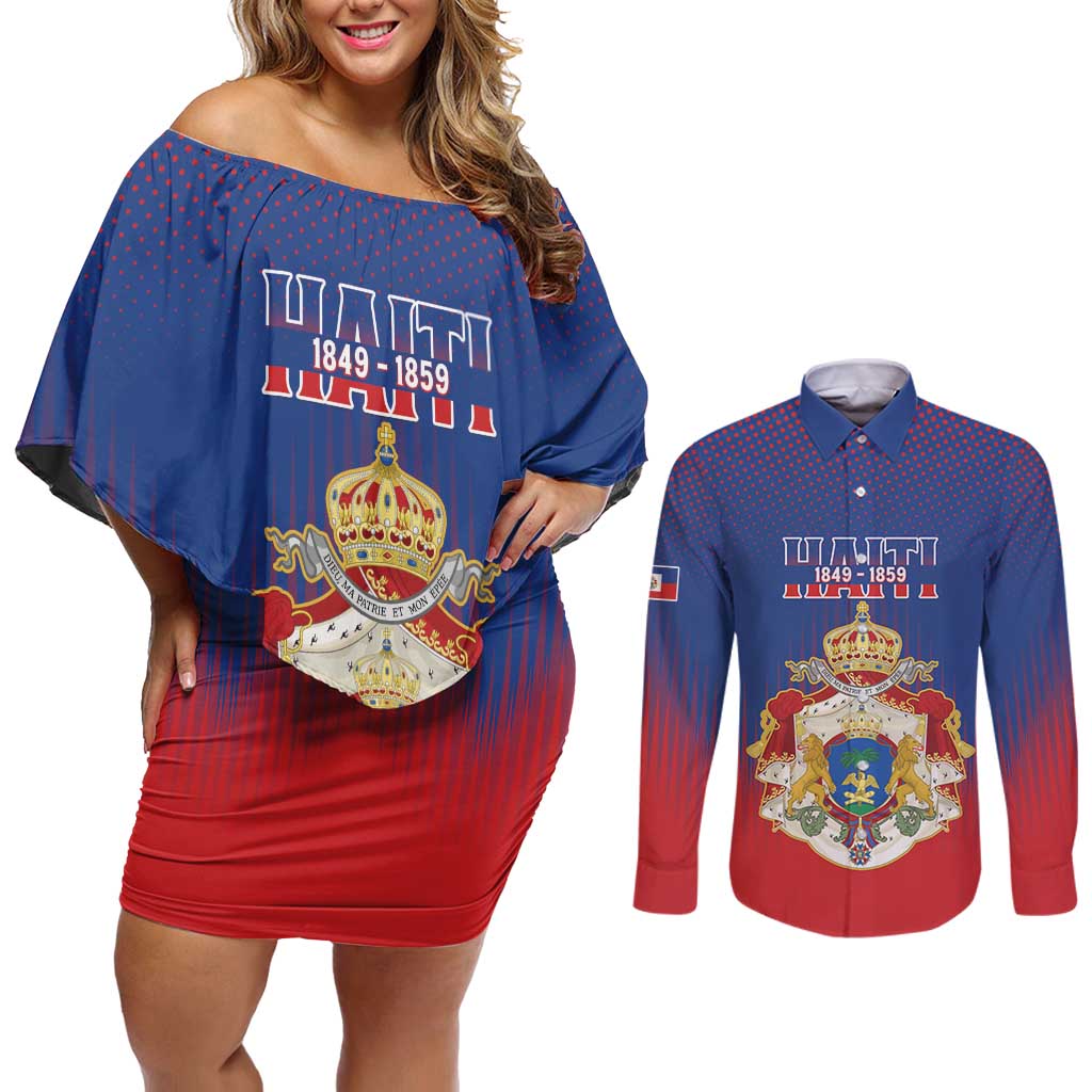 Personalized Second Empire of Haiti 1849-1859 Couples Matching Off Shoulder Short Dress and Long Sleeve Button Shirt Imperial Coat Of Arms Flag Style