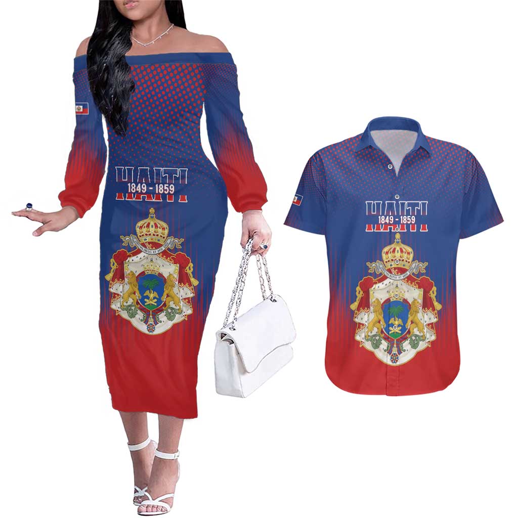 Personalized Second Empire of Haiti 1849-1859 Couples Matching Off The Shoulder Long Sleeve Dress and Hawaiian Shirt Imperial Coat Of Arms Flag Style