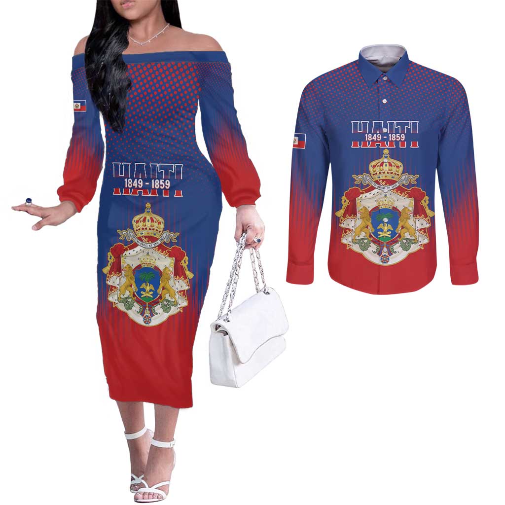 Personalized Second Empire of Haiti 1849-1859 Couples Matching Off The Shoulder Long Sleeve Dress and Long Sleeve Button Shirt Imperial Coat Of Arms Flag Style