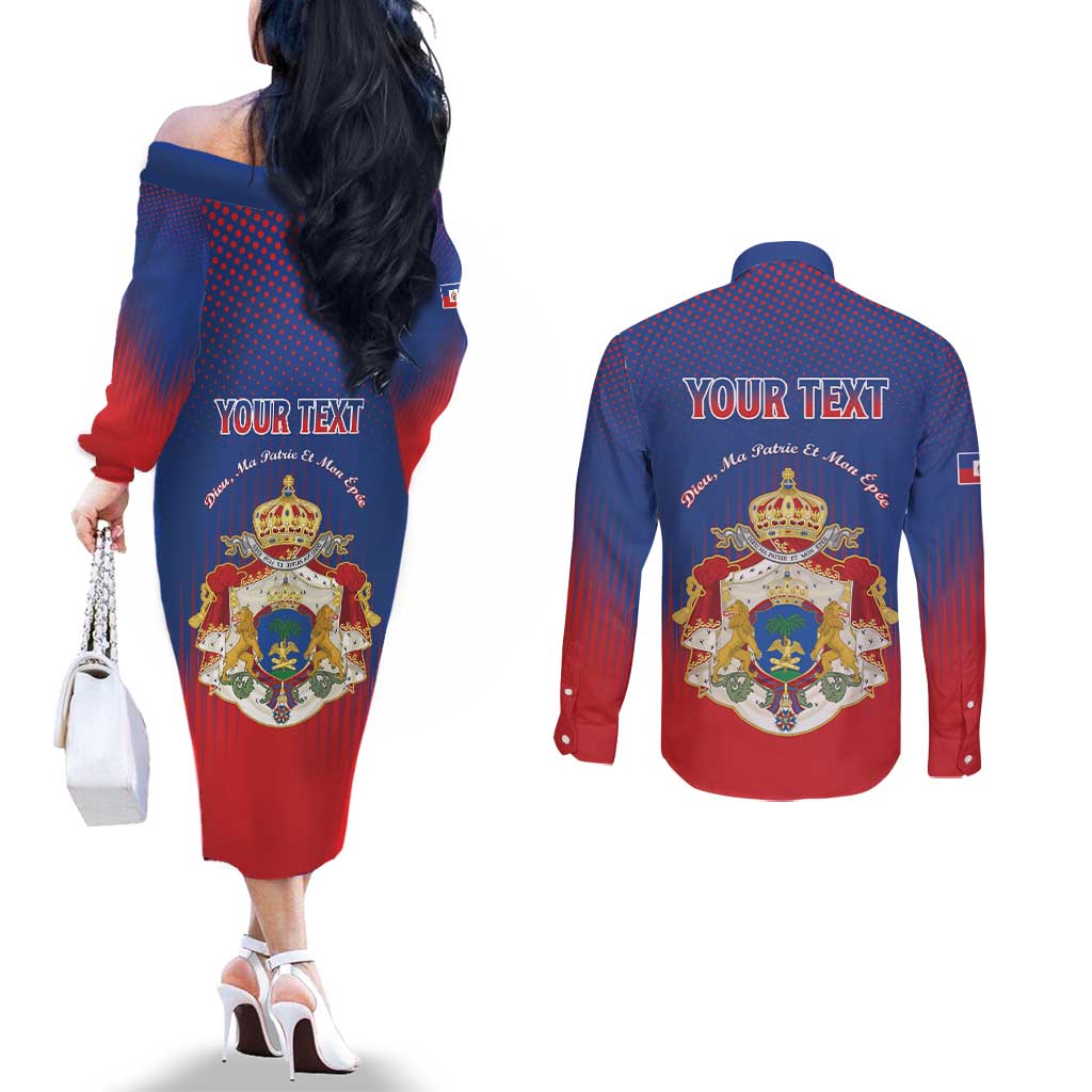 Personalized Second Empire of Haiti 1849-1859 Couples Matching Off The Shoulder Long Sleeve Dress and Long Sleeve Button Shirt Imperial Coat Of Arms Flag Style
