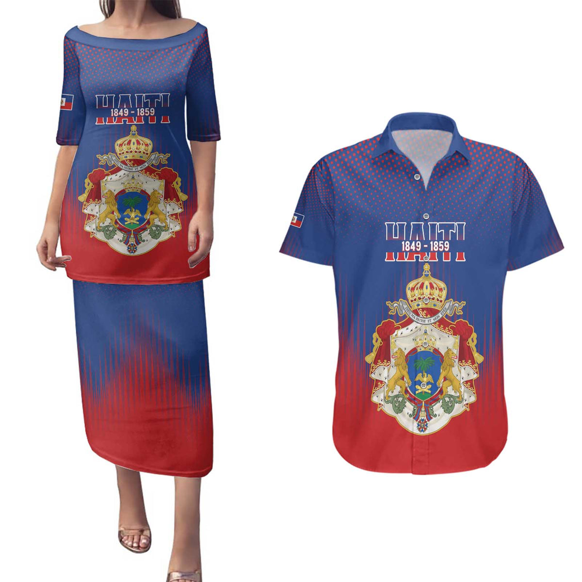Personalized Second Empire of Haiti 1849-1859 Couples Matching Puletasi and Hawaiian Shirt Imperial Coat Of Arms Flag Style