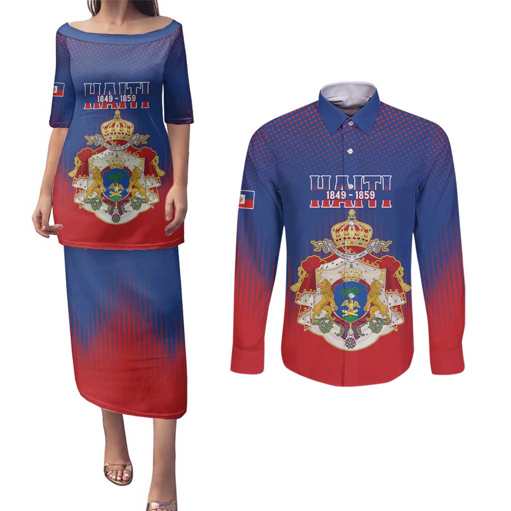 Personalized Second Empire of Haiti 1849-1859 Couples Matching Puletasi and Long Sleeve Button Shirt Imperial Coat Of Arms Flag Style