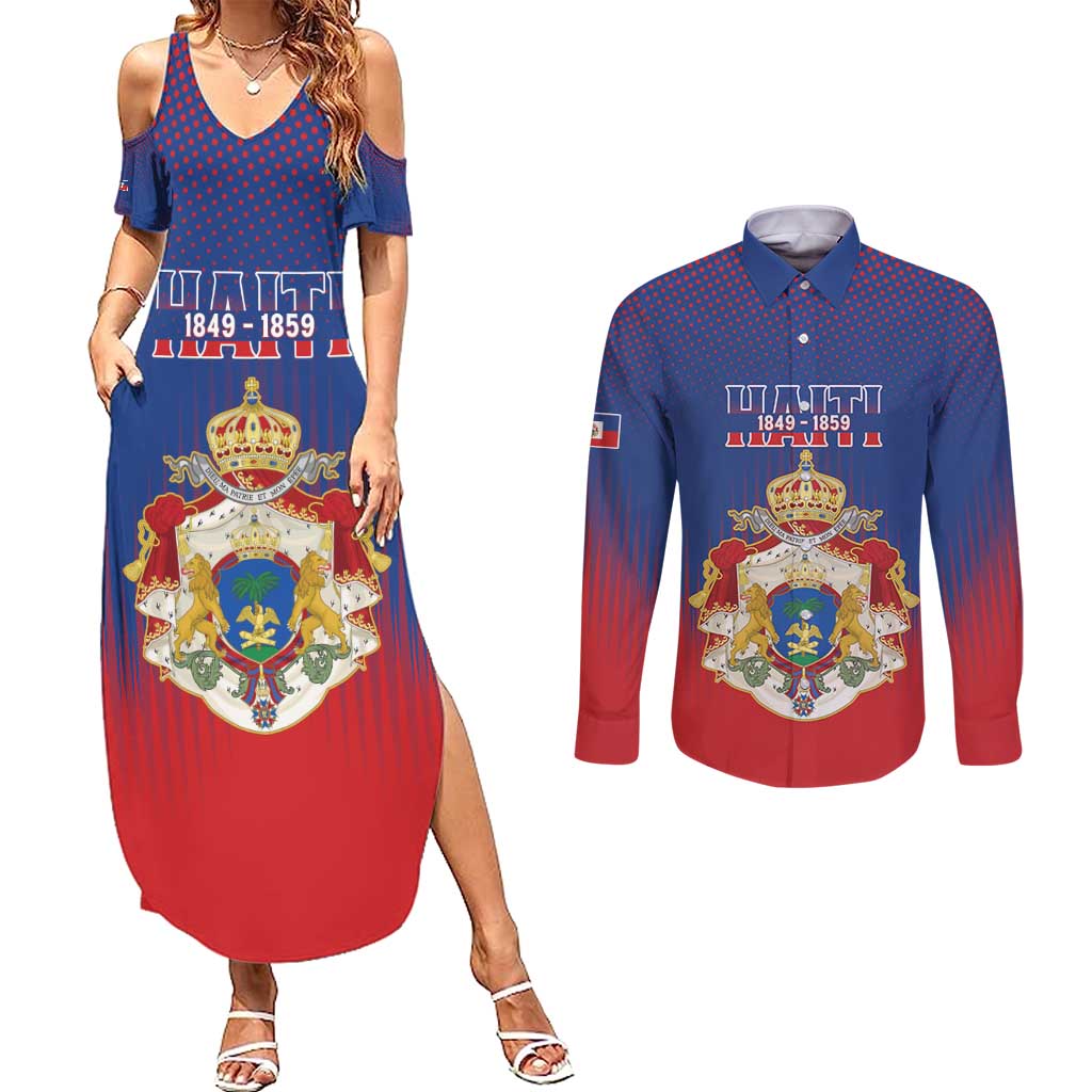 Personalized Second Empire of Haiti 1849-1859 Couples Matching Summer Maxi Dress and Long Sleeve Button Shirt Imperial Coat Of Arms Flag Style