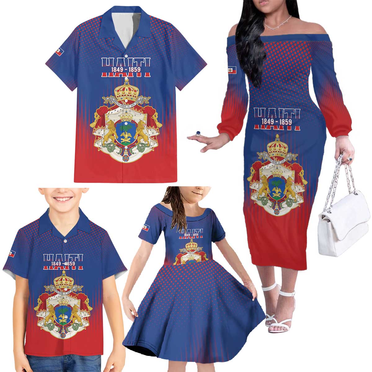 Personalized Second Empire of Haiti 1849-1859 Family Matching Off The Shoulder Long Sleeve Dress and Hawaiian Shirt Imperial Coat Of Arms Flag Style