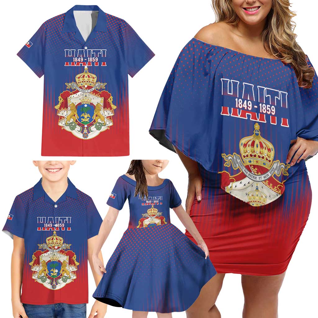 Personalized Second Empire of Haiti 1849-1859 Family Matching Off Shoulder Short Dress and Hawaiian Shirt Imperial Coat Of Arms Flag Style
