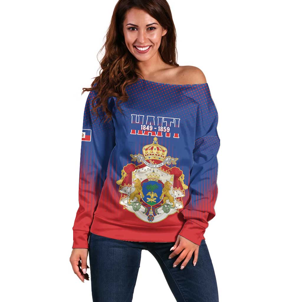Personalized Second Empire of Haiti 1849-1859 Off Shoulder Sweater Imperial Coat Of Arms Flag Style