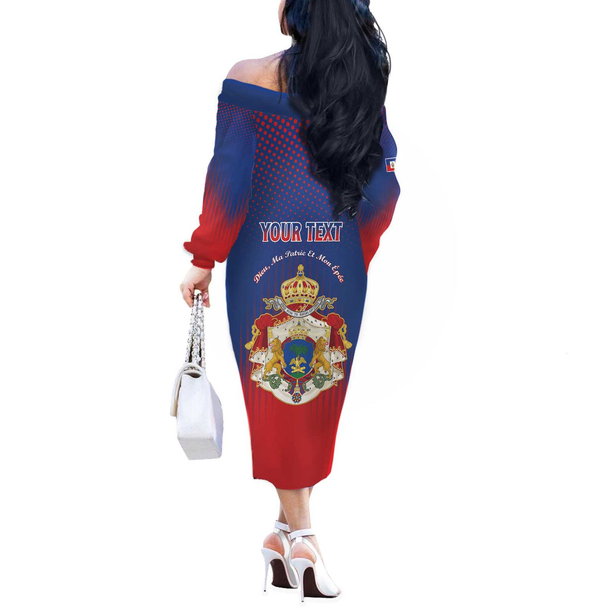 Personalized Second Empire of Haiti 1849-1859 Off The Shoulder Long Sleeve Dress Imperial Coat Of Arms Flag Style