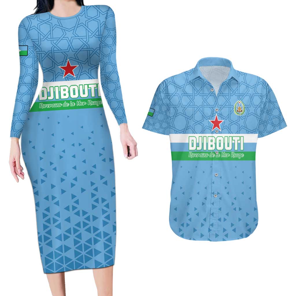 Custom Djibouti Football Couples Matching Long Sleeve Bodycon Dress and Hawaiian Shirt Come On Riverains de la Mer Rouge
