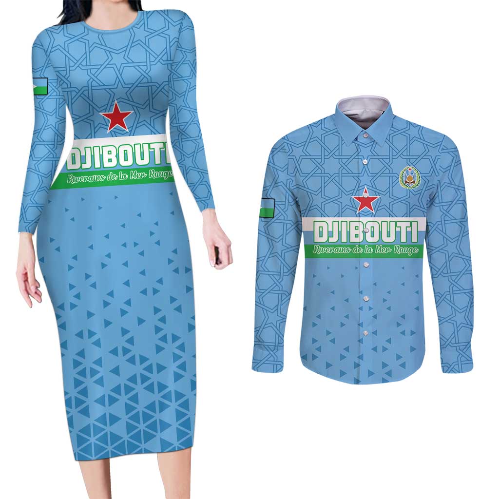 Custom Djibouti Football Couples Matching Long Sleeve Bodycon Dress and Long Sleeve Button Shirt Come On Riverains de la Mer Rouge