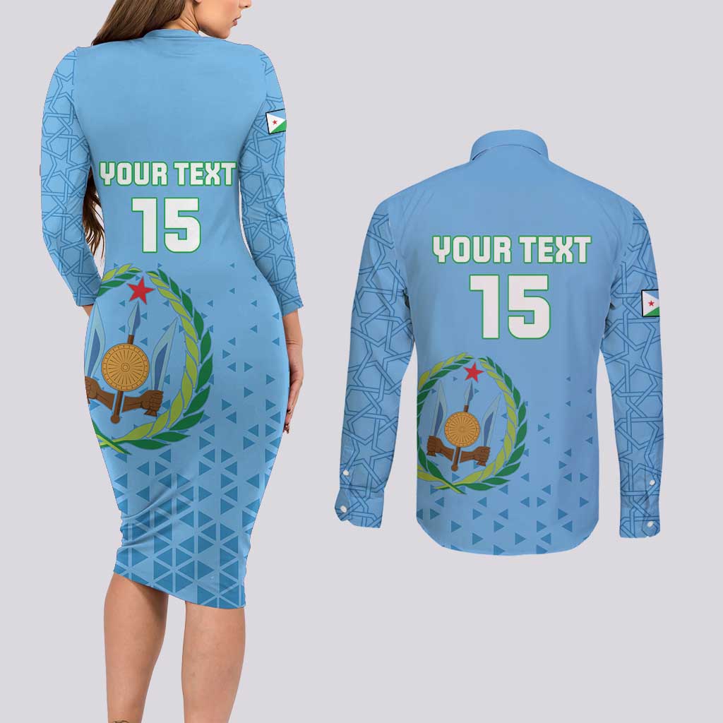 Custom Djibouti Football Couples Matching Long Sleeve Bodycon Dress and Long Sleeve Button Shirt Come On Riverains de la Mer Rouge