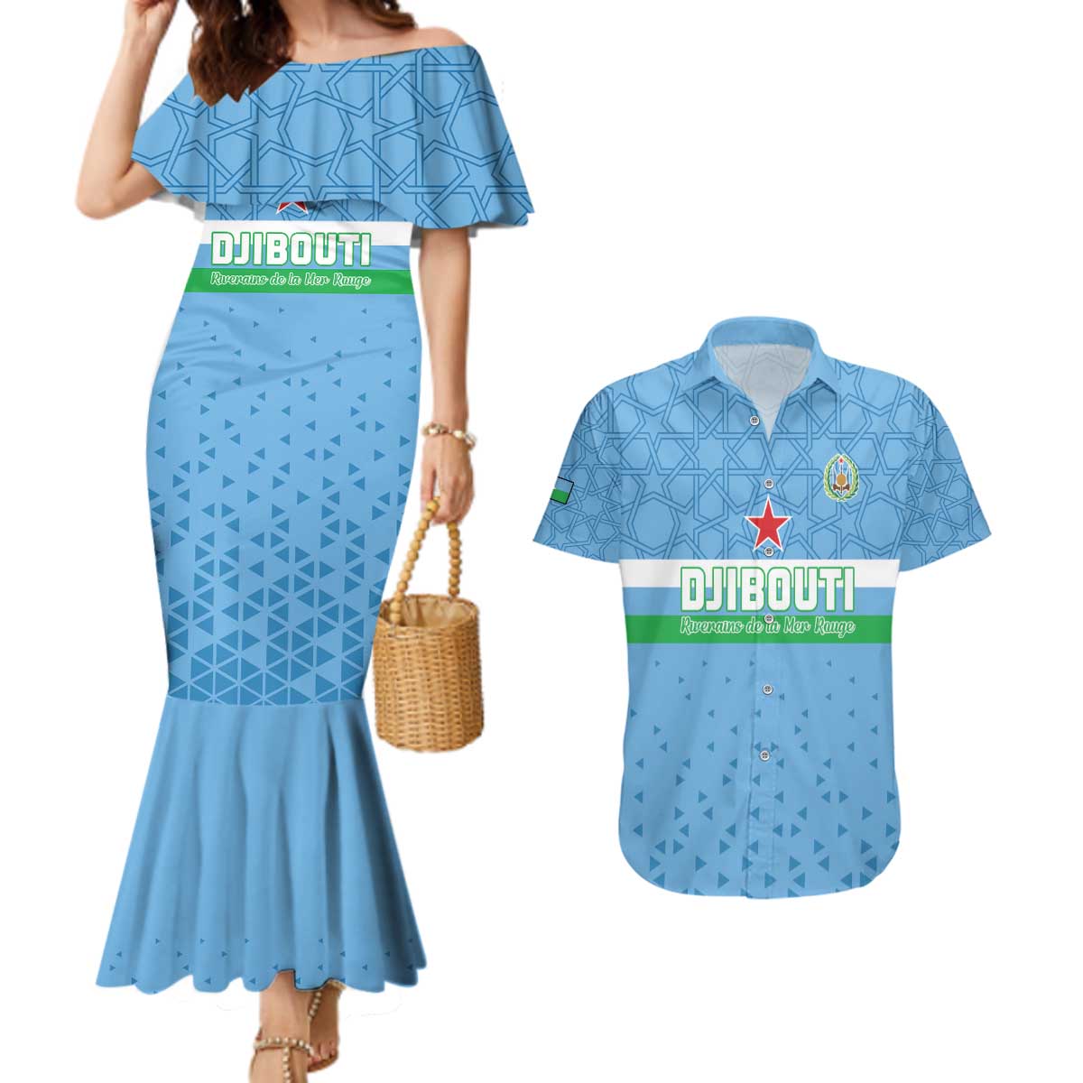 Custom Djibouti Football Couples Matching Mermaid Dress and Hawaiian Shirt Come On Riverains de la Mer Rouge