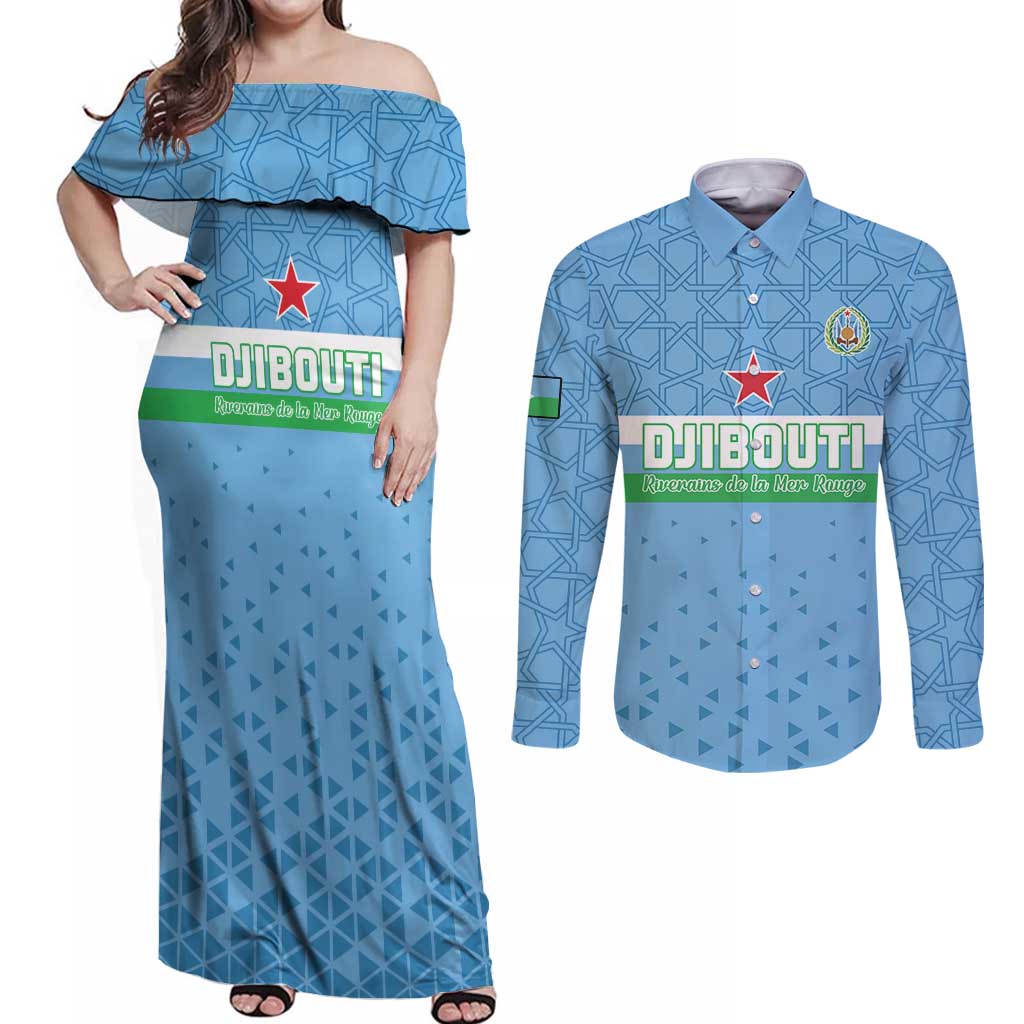 Custom Djibouti Football Couples Matching Off Shoulder Maxi Dress and Long Sleeve Button Shirt Come On Riverains de la Mer Rouge