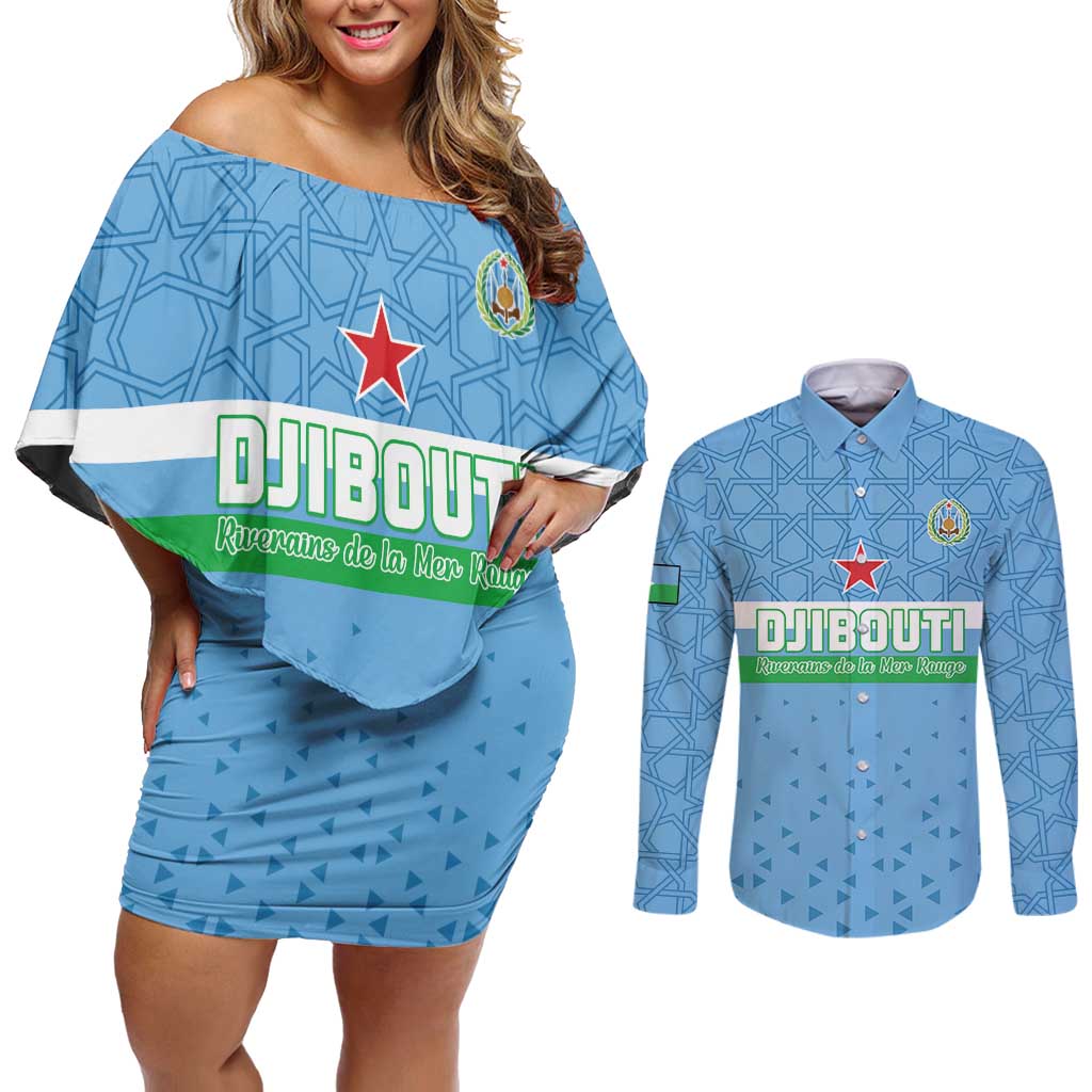 Custom Djibouti Football Couples Matching Off Shoulder Short Dress and Long Sleeve Button Shirt Come On Riverains de la Mer Rouge