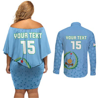 Custom Djibouti Football Couples Matching Off Shoulder Short Dress and Long Sleeve Button Shirt Come On Riverains de la Mer Rouge