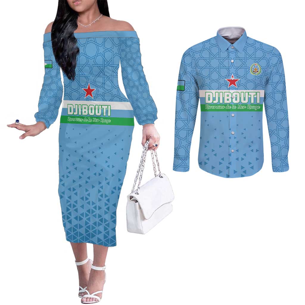 Custom Djibouti Football Couples Matching Off The Shoulder Long Sleeve Dress and Long Sleeve Button Shirt Come On Riverains de la Mer Rouge