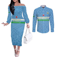 Custom Djibouti Football Couples Matching Off The Shoulder Long Sleeve Dress and Long Sleeve Button Shirt Come On Riverains de la Mer Rouge