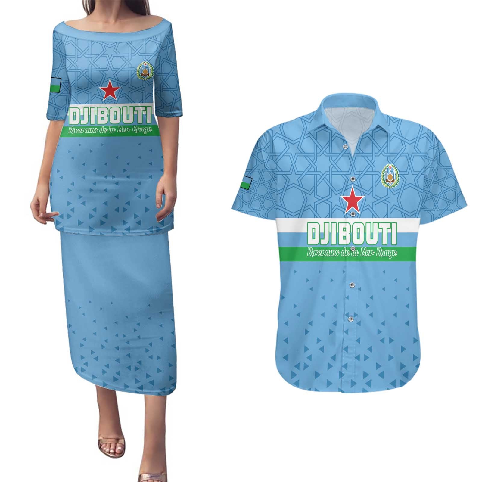Custom Djibouti Football Couples Matching Puletasi and Hawaiian Shirt Come On Riverains de la Mer Rouge