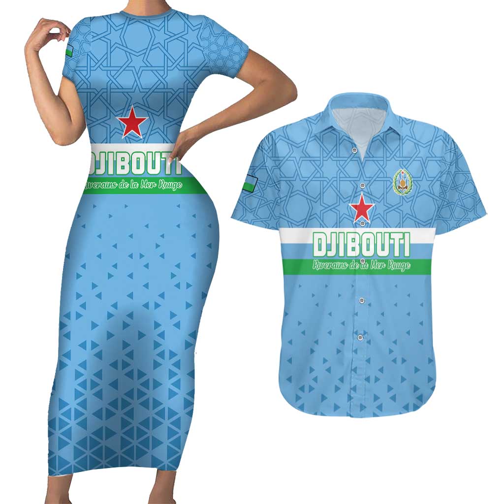 Custom Djibouti Football Couples Matching Short Sleeve Bodycon Dress and Hawaiian Shirt Come On Riverains de la Mer Rouge